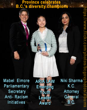 Mabel Elmore, MLS; Aria Law, holding Emerging Youth Leader Award and N. Sharma,KC Attorney General of BC