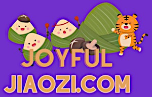 Joyful Jiaozi.com logo: dumpling characters  & animal buns 
