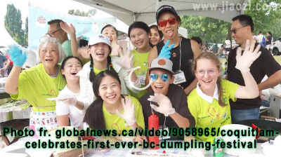 Jiaozi volunteers at 1st dumpling festival wave at Global News reporter Michael Newman