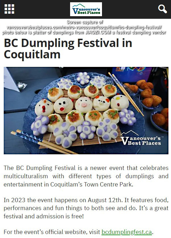 Vancouvers Best Places news screen cap - their article used photo of dumpling sample platter designed & provided by JIAOZI.COM